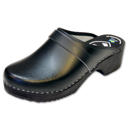 black wooden clogs