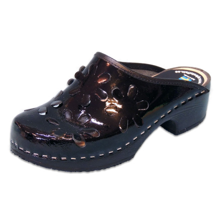 Flower 5B PU Black Patent Womens Clogs