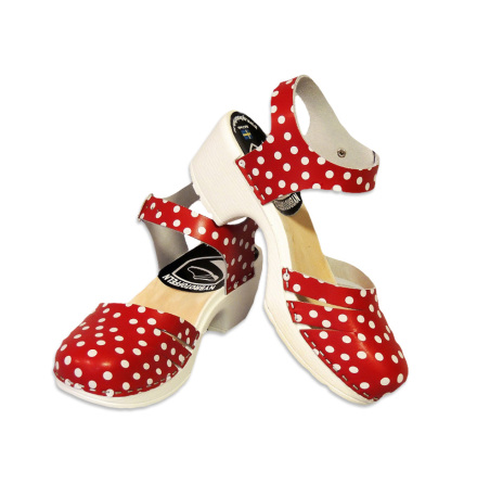 Clog Sandal Ankle Close Red Polka Dots PU